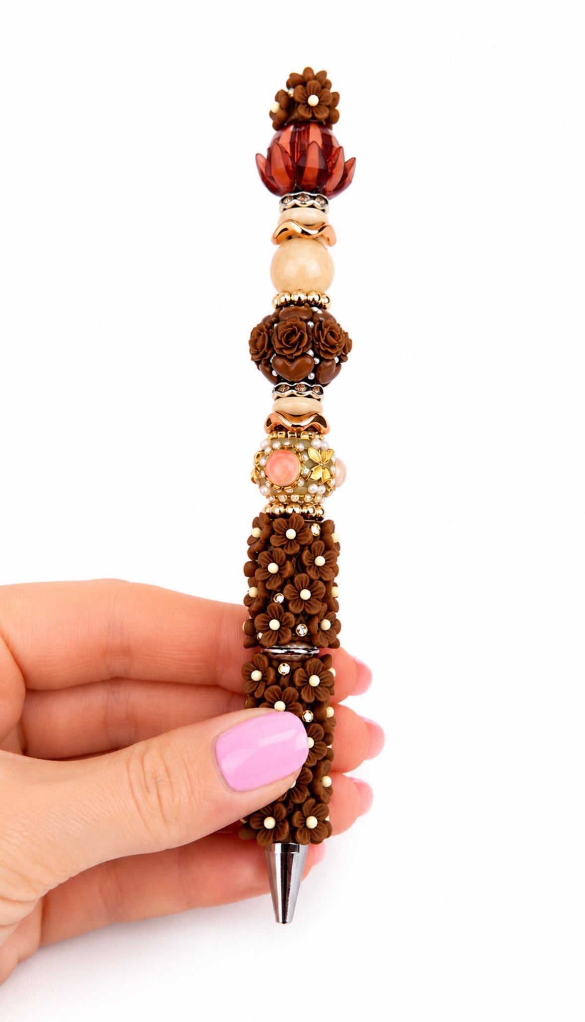 Chocolate Brown Floral Fancy Pen - Long