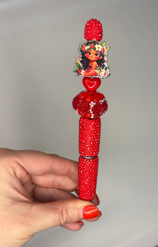 Island Princess-Inspired Red Rhinestone Pen - Short